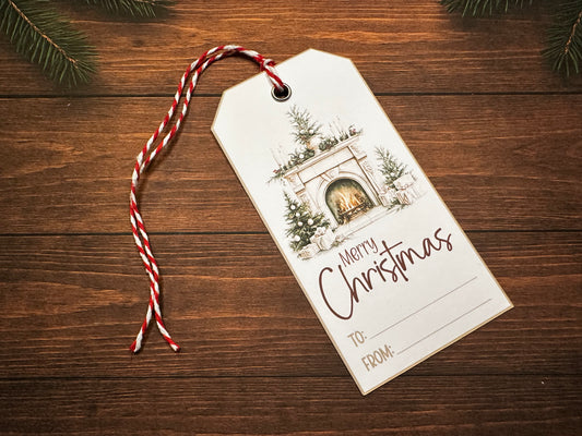 Rustic Fireplace "Merry Christmas Gift Tags – Festive Holiday Present Label
