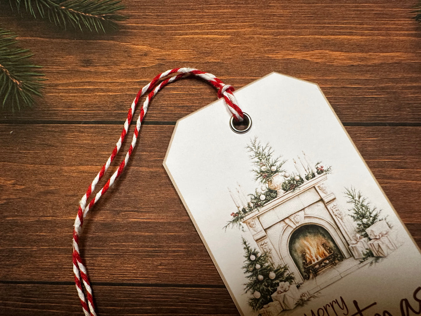 Rustic Fireplace "Merry Christmas Gift Tags – Festive Holiday Present Label