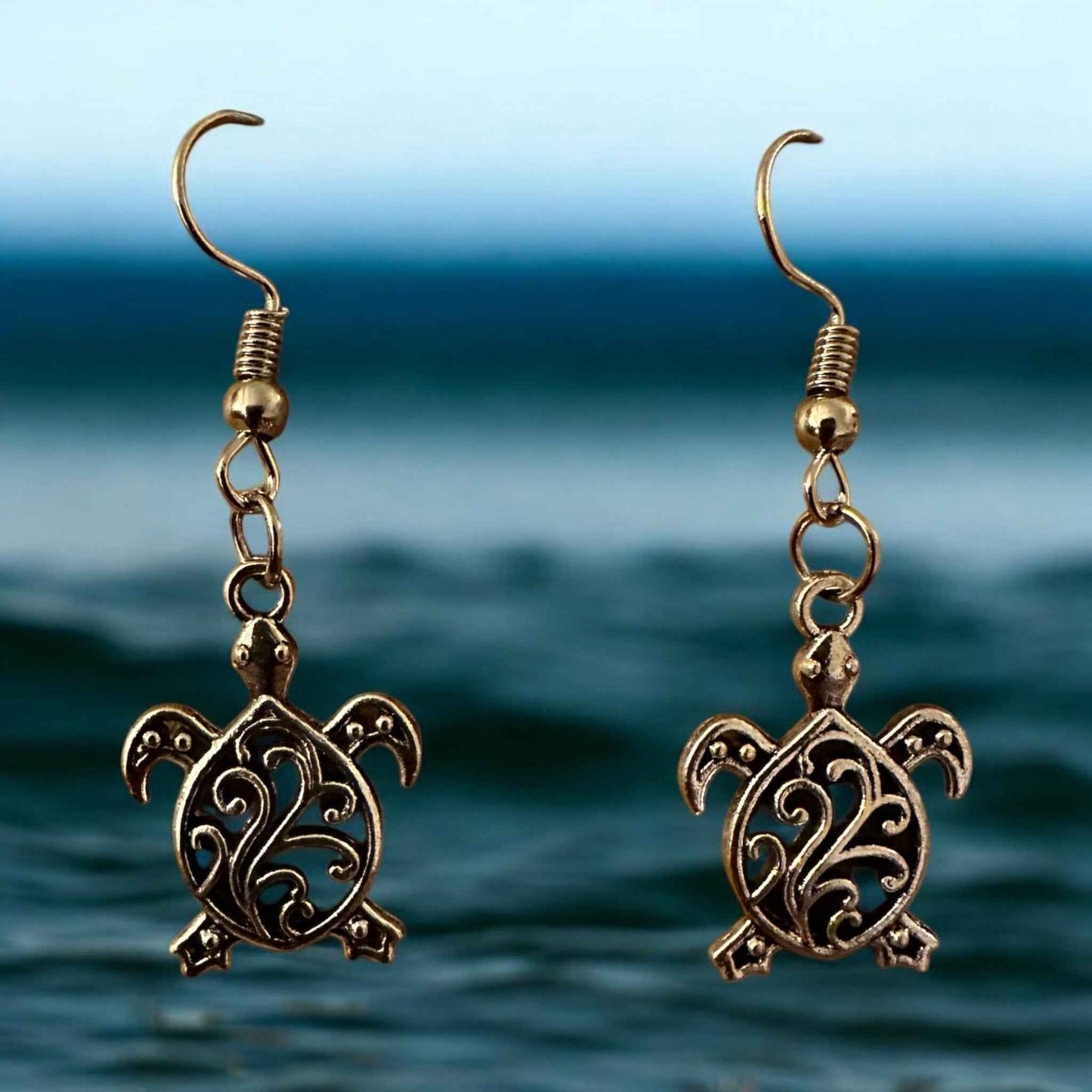 Handmade Sea Turtle Earrings - Pewter Dangle Jewelry for Sensitive Ears