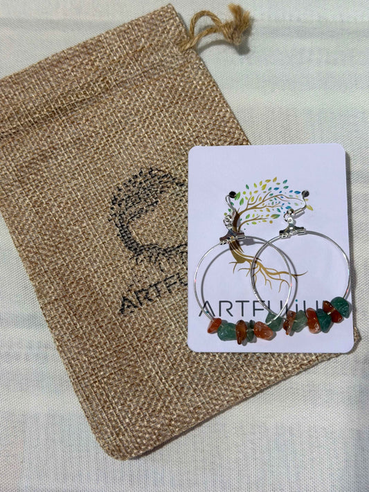 Handmade Gemstone Chip Hoop Earrings in Green & Amber