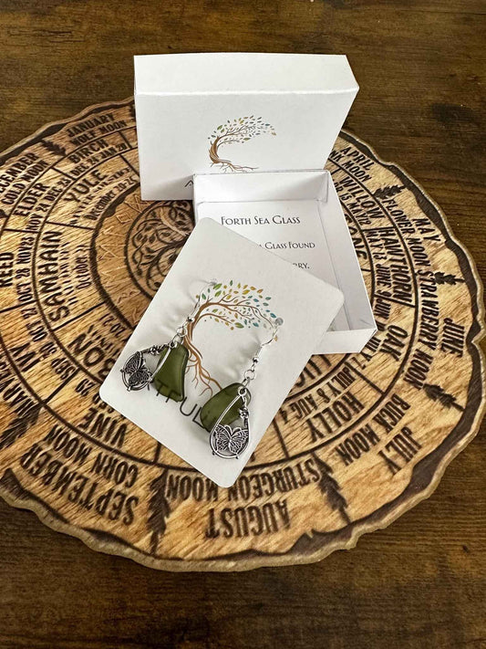 Butterfly Flower Earrings - Silver Plated Dangle with Scottish Seaglass Garden Jewelry Gift