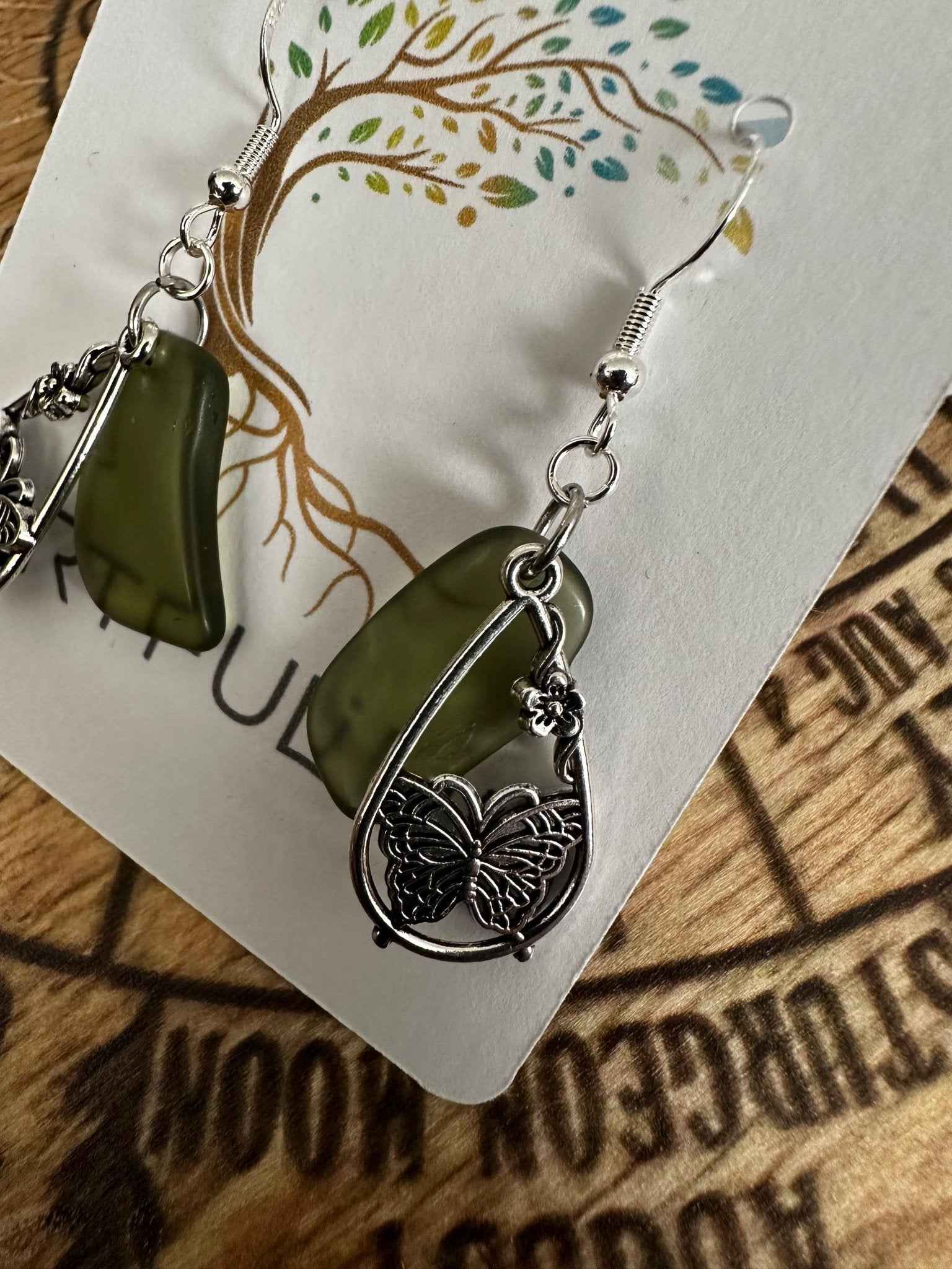 Butterfly Flower Earrings - Silver Plated Dangle with Scottish Seaglass Garden Jewelry Gift