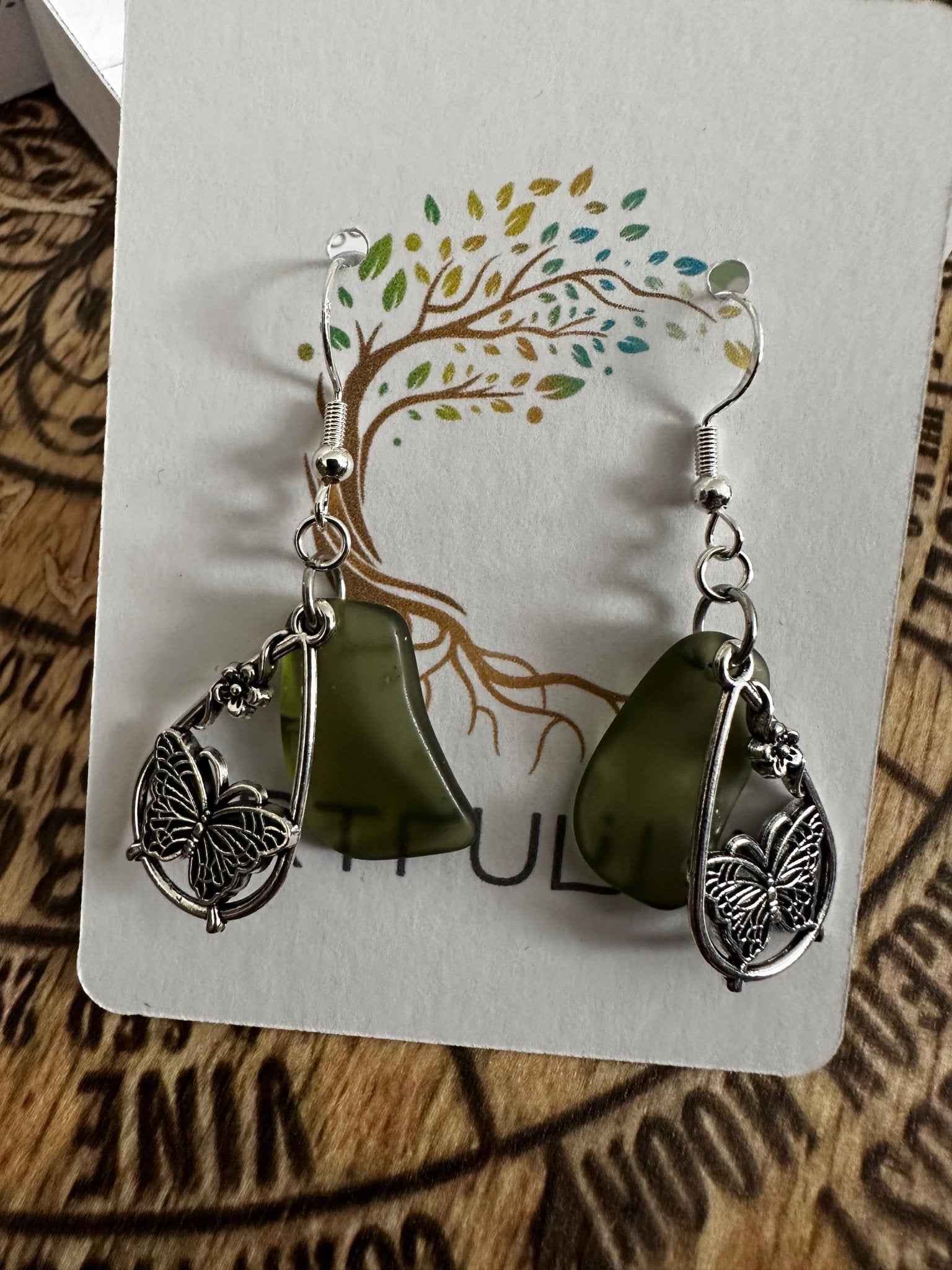 Butterfly Flower Earrings - Silver Plated Dangle with Scottish Seaglass Garden Jewelry Gift