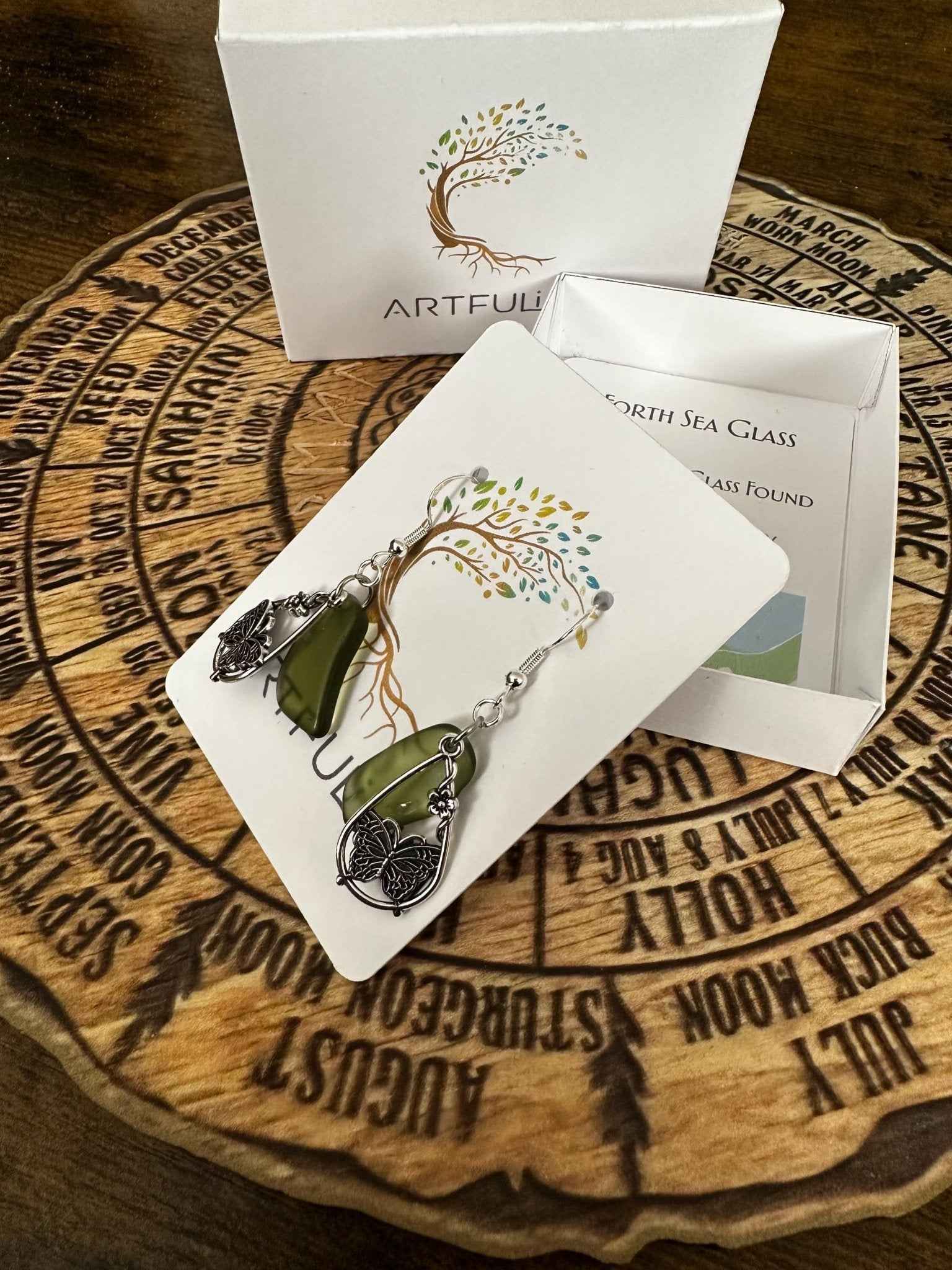 Butterfly Flower Earrings - Silver Plated Dangle with Scottish Seaglass Garden Jewelry Gift