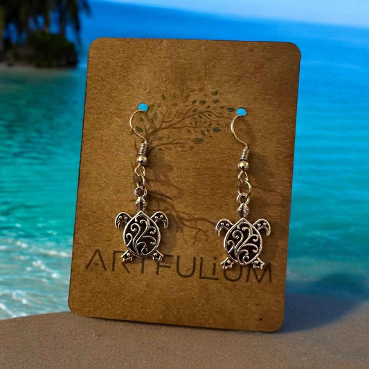 Handmade Sea Turtle Earrings - Pewter Dangle Jewelry for Sensitive Ears
