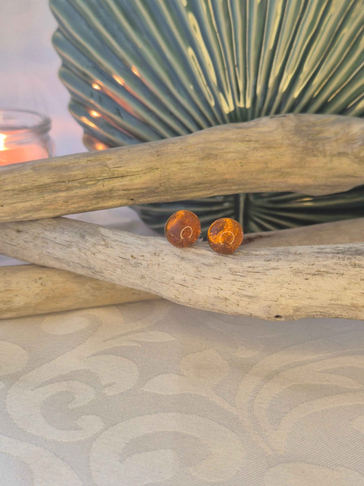 Melted Sea Glass Stud Earrings - Amber Spray Melted Sea Glass Earrings - Artfulium