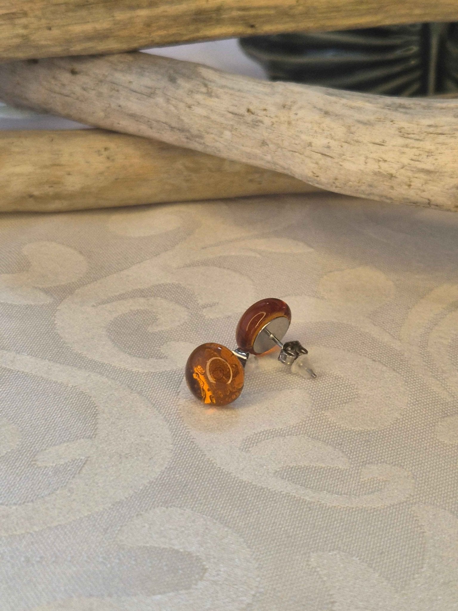 Melted Sea Glass Stud Earrings - Amber Spray Melted Sea Glass Earrings - Artfulium