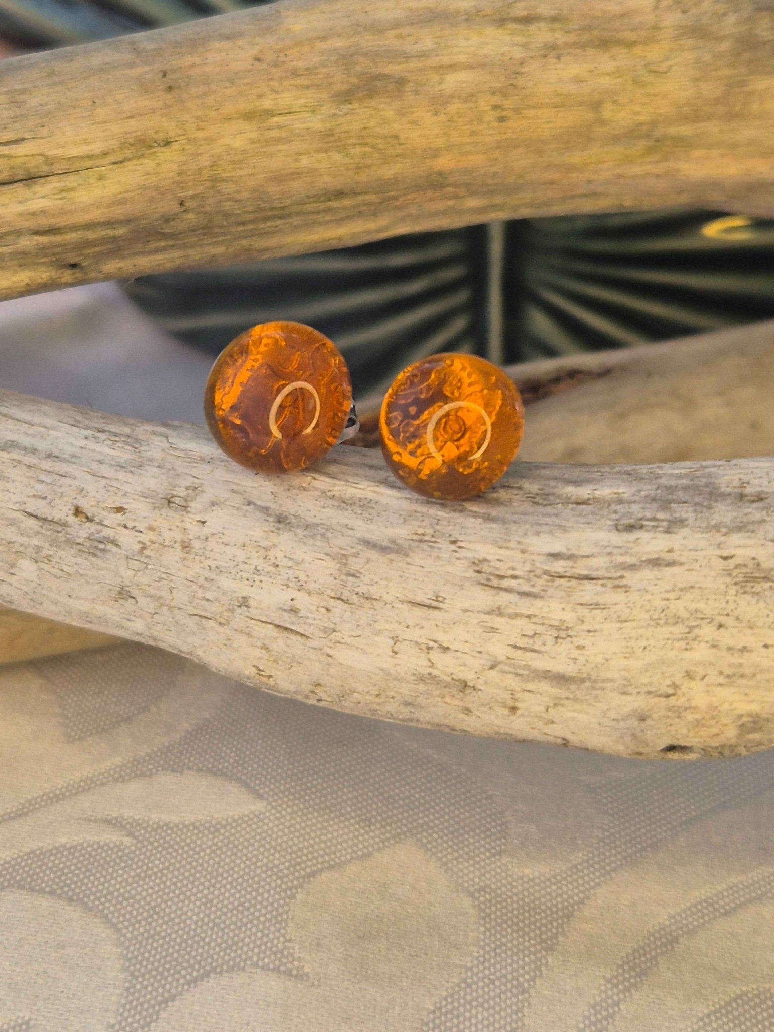 Melted Sea Glass Stud Earrings - Amber Spray Melted Sea Glass Earrings - Artfulium