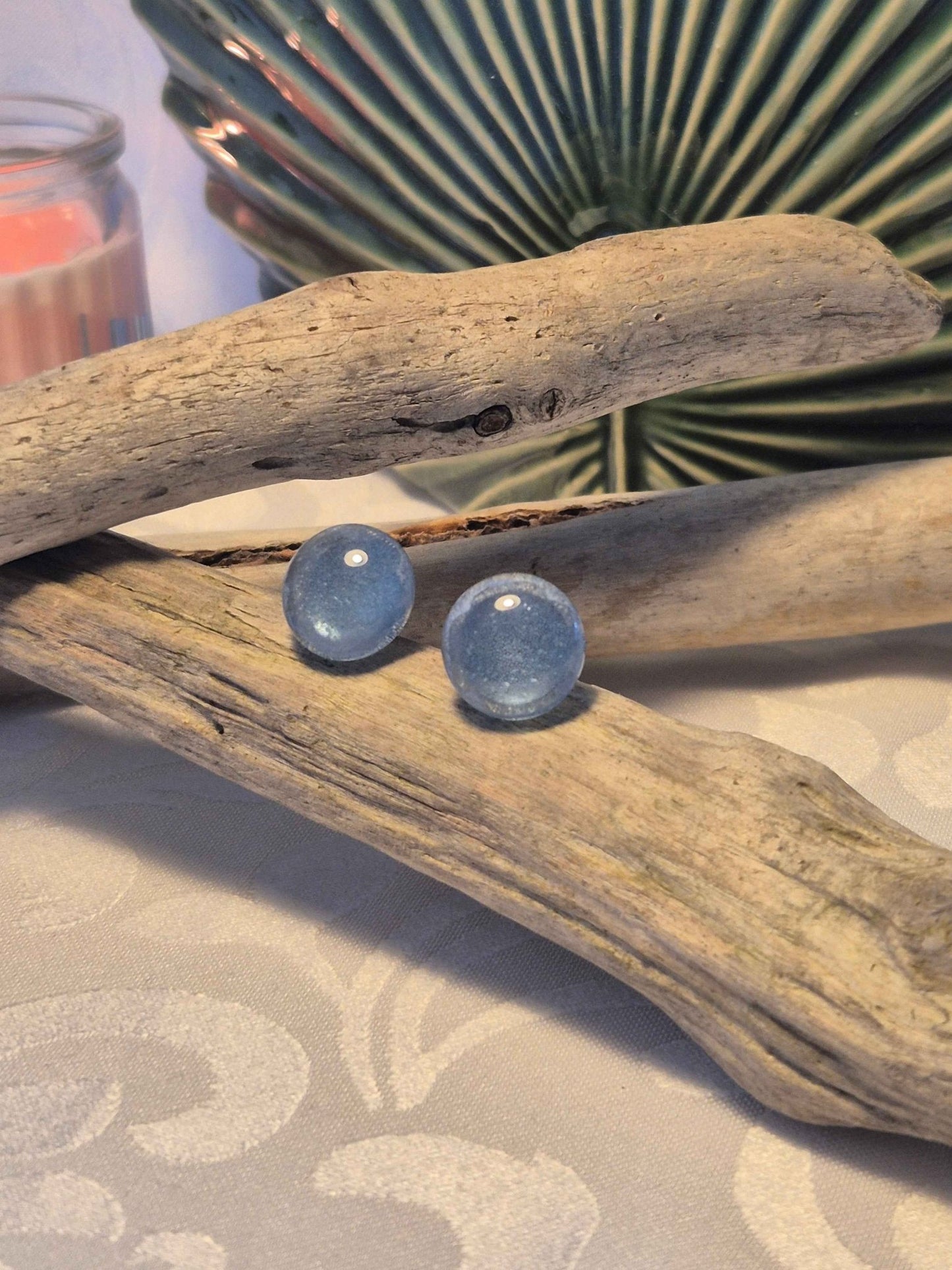 Melted Sea Glass Stud Earrings - Sky Blue Sea Spray Studs - Artfulium